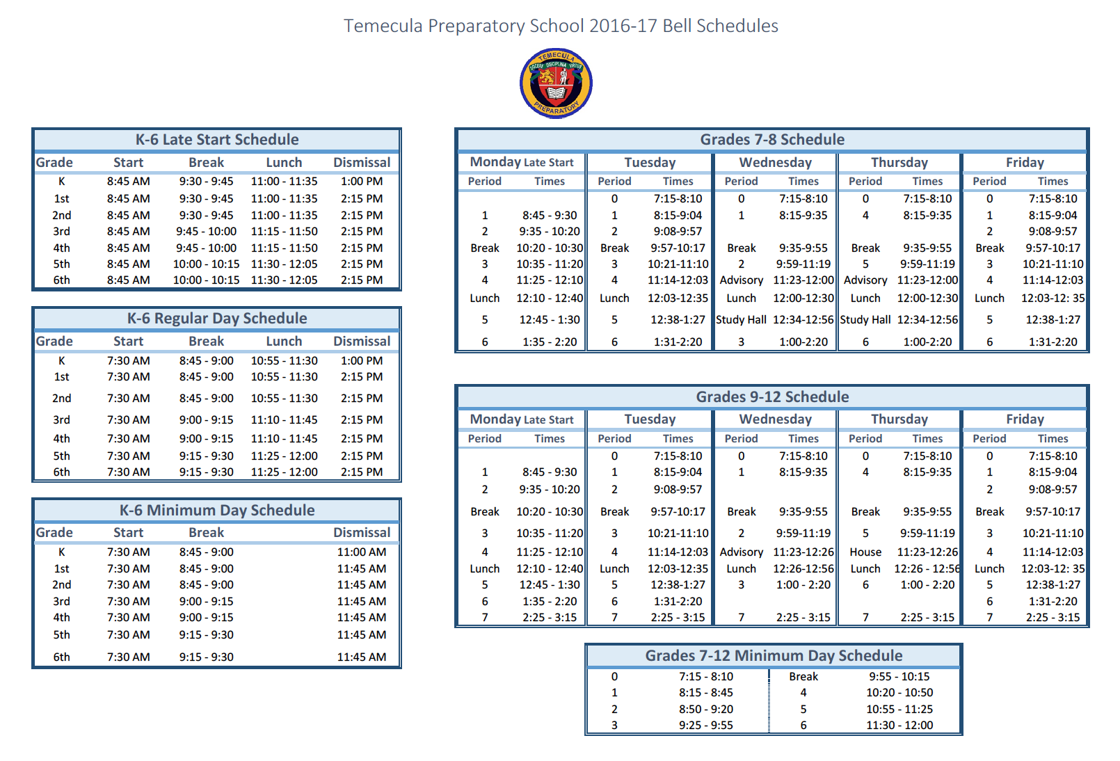 Bell Schedule & Annual Calendar Temecula Preparatory School